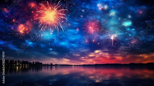 Sparkling colorful fireworks light up the night sky above a city silhouette with reflections in the water below
