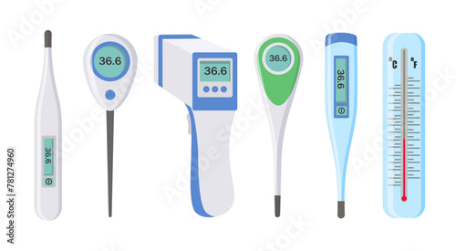 Electronic thermometers, infrared, liquid, measuring body temperature, food, environment. Set of medical thermometers for hospital during coronavirus. Health and diseases concept. Vector illustration.
