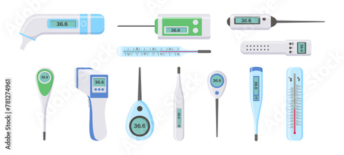 Electronic thermometers, infrared, liquid, measuring body temperature, food, environment. Set of medical thermometers for hospital during coronavirus. Health and diseases concept. Vector illustration.
