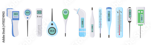 Electronic thermometers, infrared, liquid, measuring body temperature, food, environment. Set of medical thermometers for hospital during coronavirus. Health and diseases concept. Vector illustration.