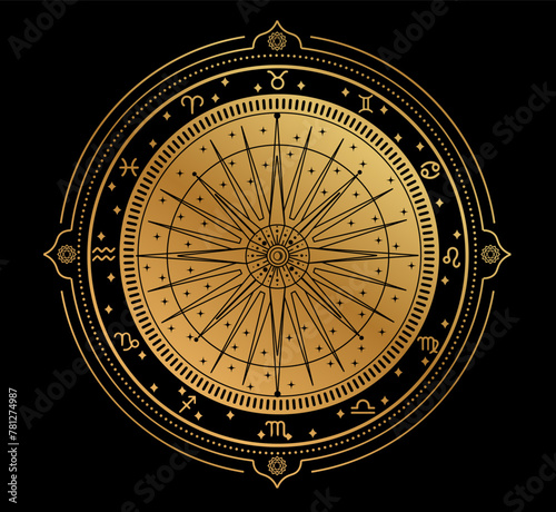 
The illustration - zodiac chart in black and gold color.
