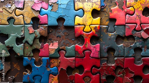 An assortment of old, colorful jigsaw puzzle pieces scattered on a textured, rust-covered surface, depicting concepts of complexity and problem solving.