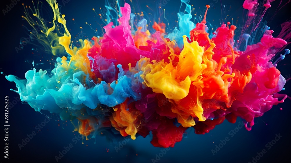 A stunning 3D paint explosion with a blast of vibrant colors against a dark background
