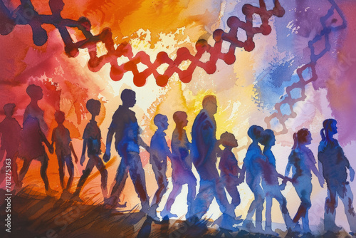 A line of featureless people walking in silhouette under a stylized DNA helix in a burst of colorful backdrop