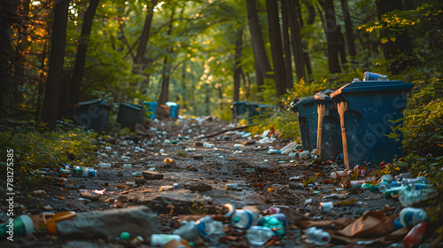 A forest, with overflowing trash bins at the trailhead as the background, during a national park clean-up effort
