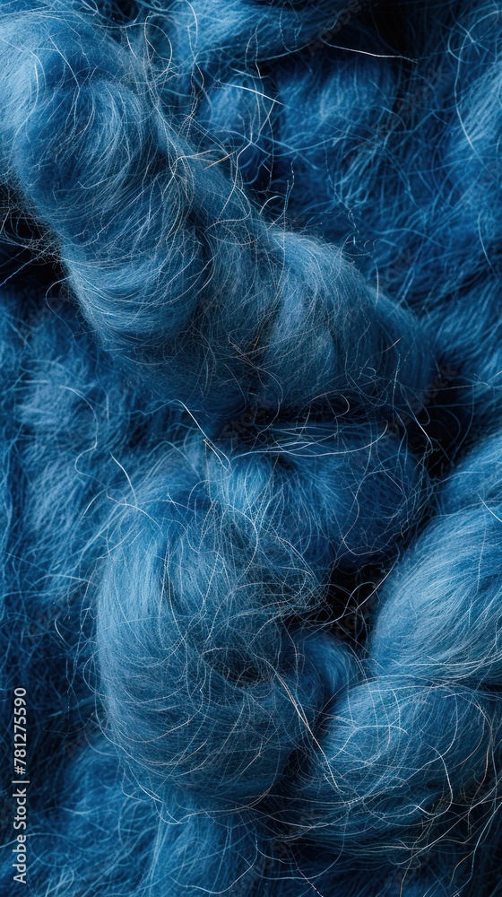 Obraz premium A close-up view showcases a background of blue felting wool, capturing its texture and richness in detail, ideal for creative projects or design inspiration.