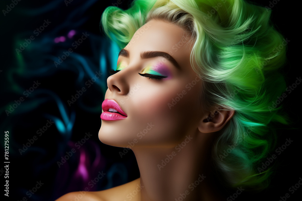 A beautiful woman with neon green hair, and vibrant makeup. Generative AI