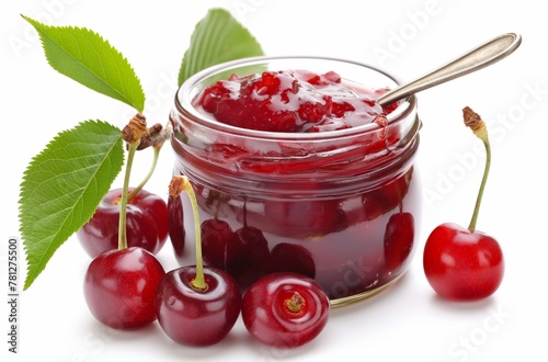 Cherry jam jar with spoon