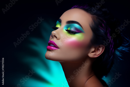 A portrait of an attractive woman with vibrant neon makeup, looking to the side against a dark background. Generative AI