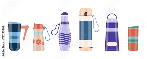 Thermos vacuum flask or bottle with hot drink coffee or tea. Realistic thermos drink container mockup set. Design template of packaging mockup for graphics. Front view. Vector illustration