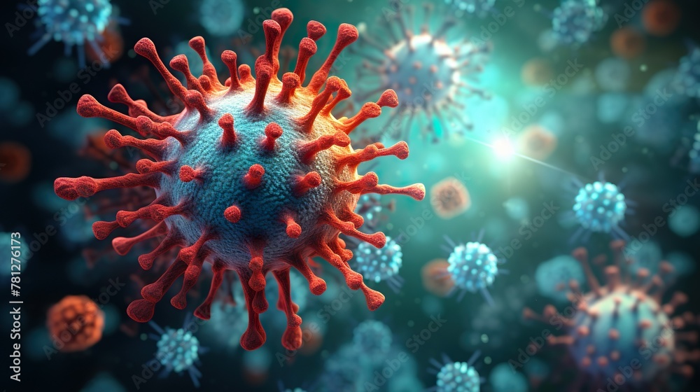 This detailed image showcases a close-up of a virus particle, highlighted by blue and teal hues, resembling a microscopic view This detailed image showcases a close-up of a virus particle, highlighted by blue and teal hues, resembling a microscopic view