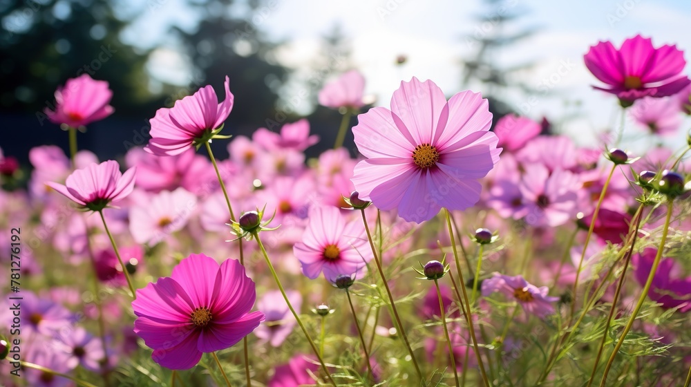 Beautiful field of blooming pink cosmos under a clear blue sky, symbolizes the beauty of nature Beautiful field of blooming pink cosmos under a clear blue sky, symbolizes the beauty of nature