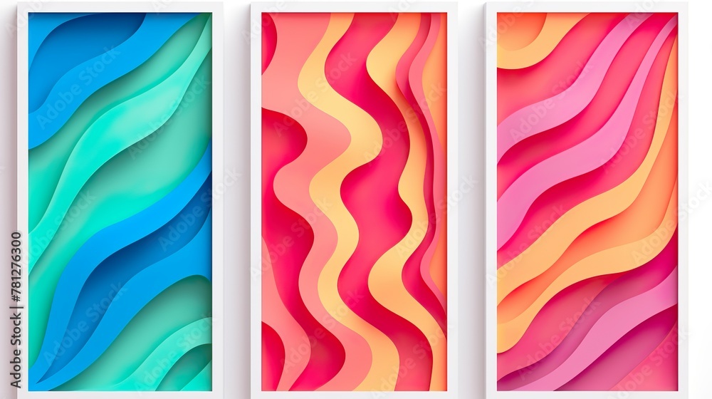 A triptych of abstract designs, with each panel showcasing a unique and flowing gradient of colors in vertical formats
