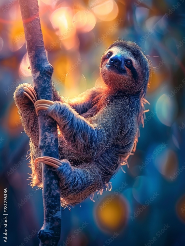 Fototapeta premium Captured in a twilight haze, a sloth hangs with a soft gaze among the mystical hues of the fading light.