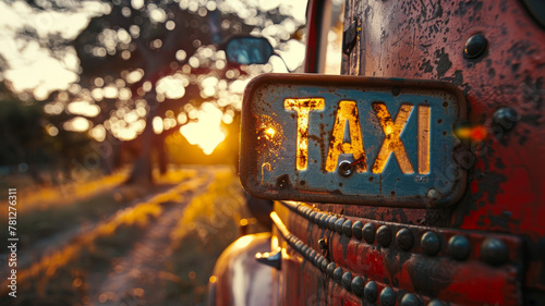 Vintage taxi license plate at sunrise. photo