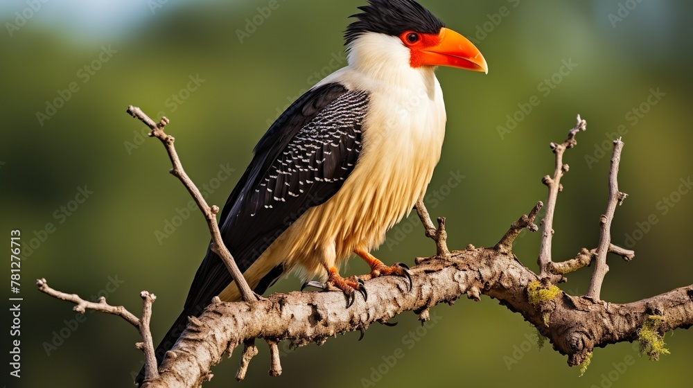 Fototapeta premium Vivid image of a yellow-billed exotic bird sitting atop a twisted branch surrounded by lush greenery, showcasing its unique look