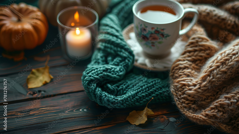 Fototapeta premium Cozy autumn setting with tea and sweater.