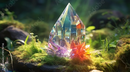 A radiant image depicting a large, vibrant crystal shard amidst a mystically lit forest setting photo
