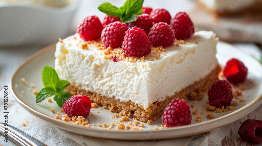 A cake topped with raspberries on a plate