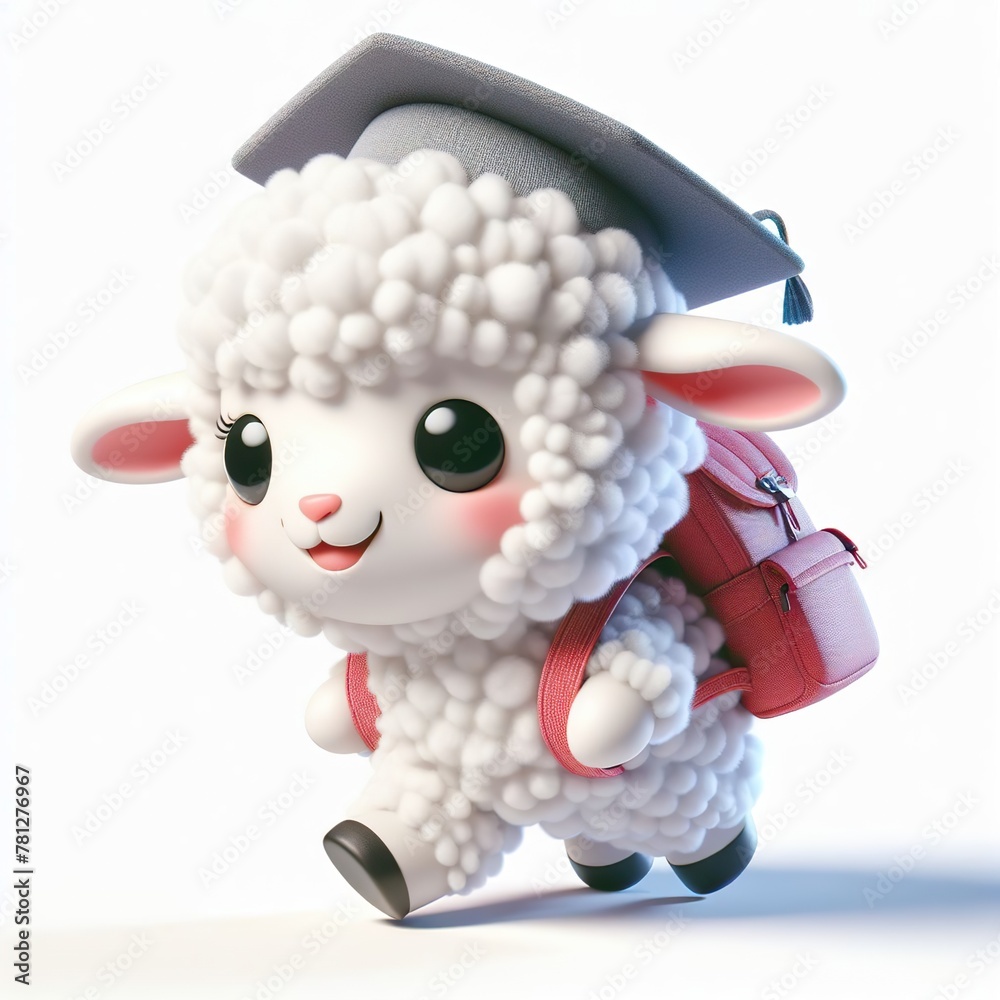 Obraz premium a cute lamb carrying a backpack on the way to school