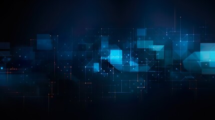 The image captures an array of dynamic blue geometric shapes overlaid on a dark, mysterious backdrop
