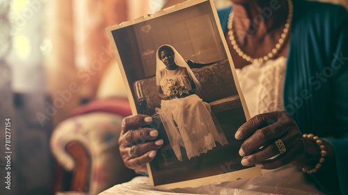 Elderly Woman Holding a Vintage Wedding Photo. Generative AI image photo