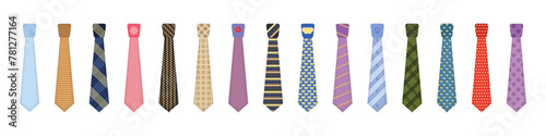 Men accessories ties fashioned. Big colored set neckties different types. Set of various colored ties isolated on white background. Collection men icons. Vector illustration photo