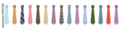 Men accessories ties fashioned. Big colored set neckties different types. Set of various colored ties isolated on white background. Collection men icons. Vector illustration