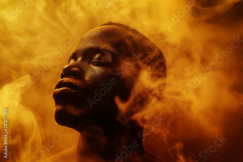 Serenity in golden smoke - a tranquil African visage. Generative AI image photo