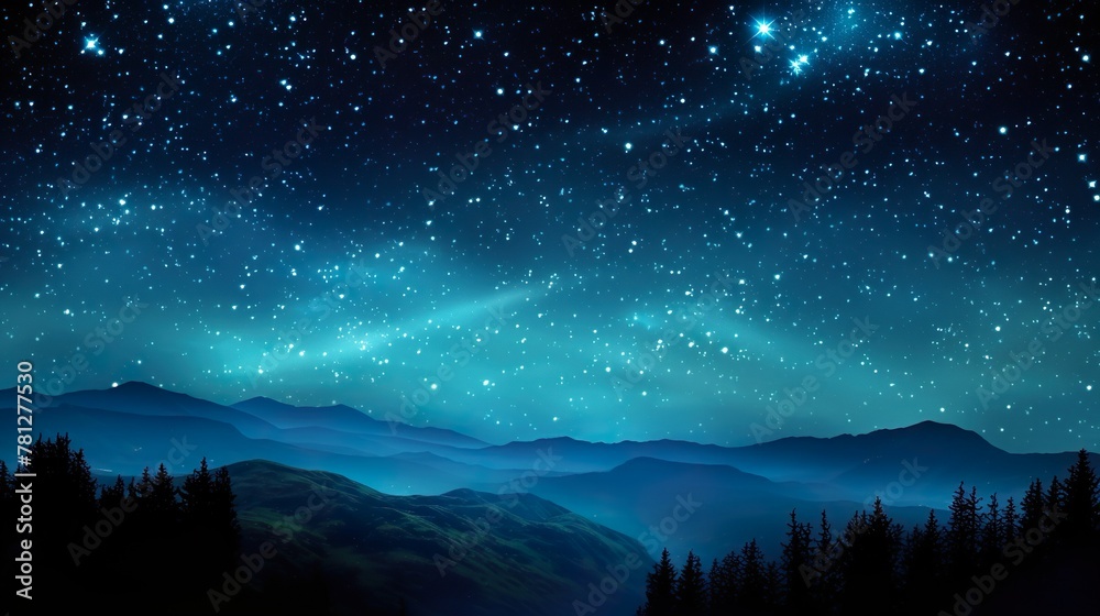 A mesmerizing nightscape with stars filling the sky above silhouetted misty mountains