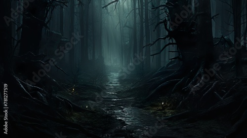 Menacing dark trees border a narrow path in a foggy forest, creating a spooky and mysterious atmosphere