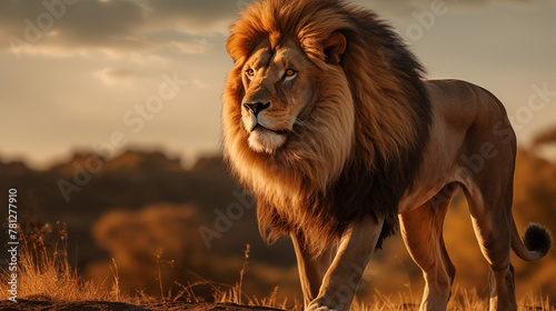 Majestic African Lion Standing on Horizon at Sunset