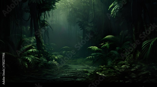 A dark and eerie jungle trail enveloped in fog under the moonlight, creating a haunting atmosphere