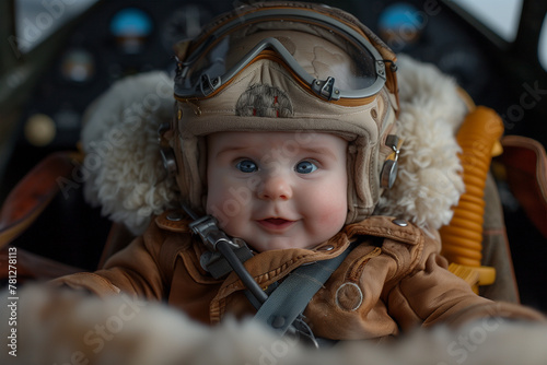 Adorable baby dressed as a pilot ready for adventure. Generative AI image photo