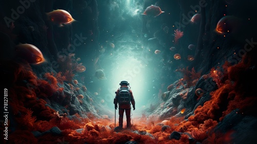 An astronaut stands amidst an underwater seascape with jellyfish, evoking a sense of isolation and discovery