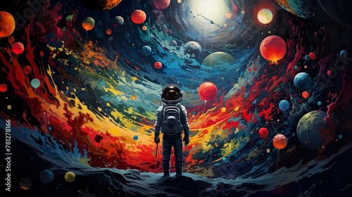 An astronaut gazes at an explosion of color among planets and stars, depicting a vivid, dynamic universe filled with energy and life