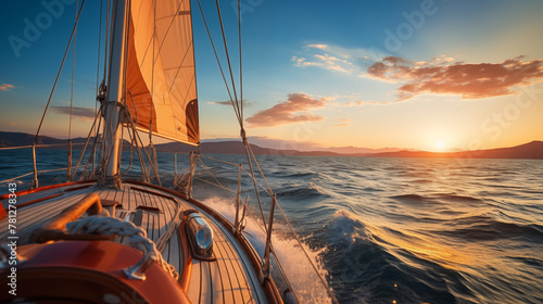Tranquil Sea Sailing: Wooden Yacht at Sunset