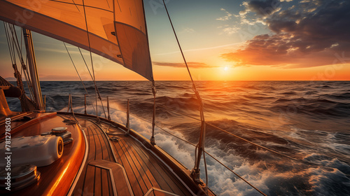 Sunset Sailing on Turbulent Ocean Waves with Dramatic Sky