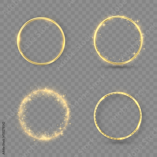 Gold wedding rings with glowing lights and gold sparkles on transparent background. Golden metal ring with lighting effect and reflection. Beautiful for women. Vector illustration