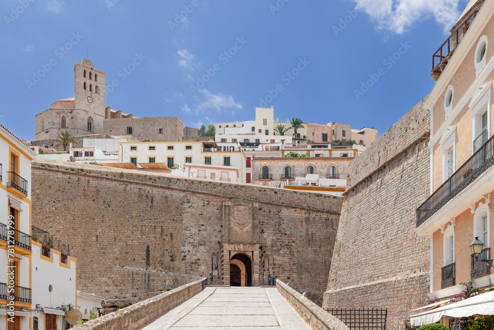 The main entrance through the walls into the historic Almudaina Castle in the old town of Eivissa, Ibiza, Spain