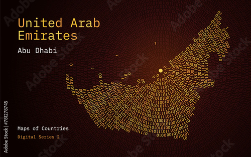 A map of United Arab
Emirates depicted in zeros and ones in the form of a circle. The capital, Abu Dhabi, is shown in the center of the circle