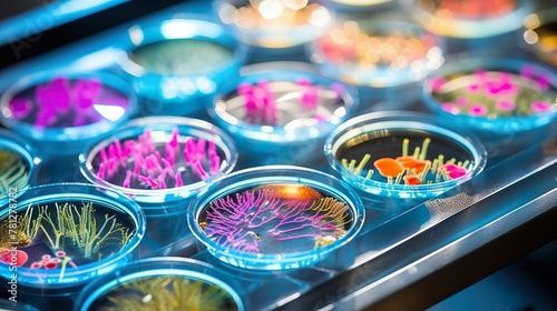 Vibrant petri dishes with various bacteria cultures grown, representing medical research and microbiology photo