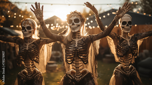 Halloween Celebration with Dancing Skeletons and Golden Hour Light