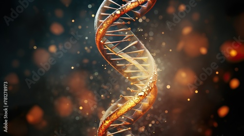 Shimmering golden DNA helix stands out with an artistic blur, representing life, science, and genetic research