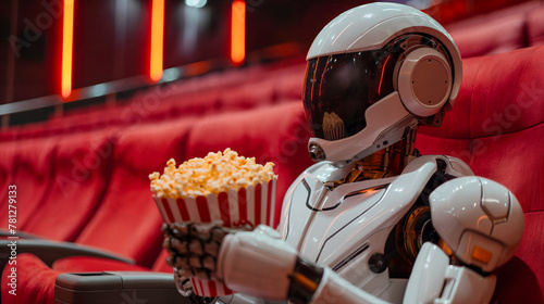 Futuristic robot enjoying popcorn in a movie theater. Generative AI image photo