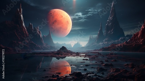 An imaginative red planet landscape under a red sky, with a massive moon dominating the horizon and rocky terrain reflected in water