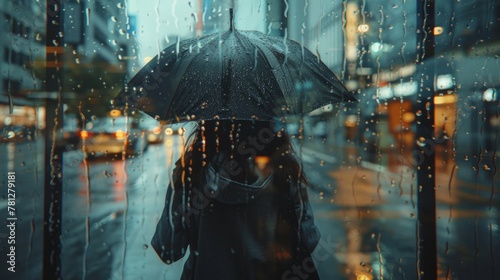 In the heart of a rainy cityscape, an umbrella-shielded girl remains unrecognizable, her persona as elusive as the falling raindrops. photo