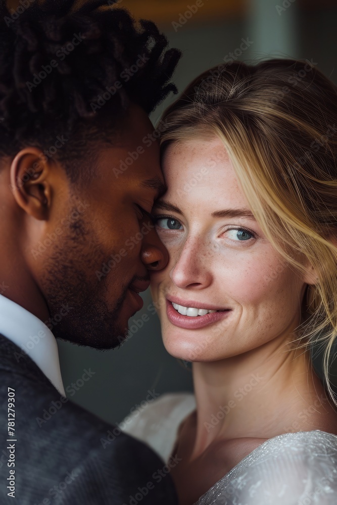 A mesmerizing visual narrative of a cross-cultural romance between an African man and European woman on their wedding day, illustrating the harmony and love found in diverse unions.