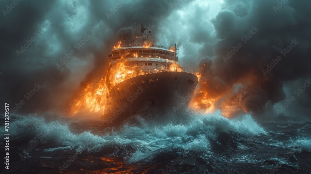 Devastation at sea as a large passenger ship is destroyed during a storm, with fire and huge waves consuming the vessel without any possibility of saving the people and crew.