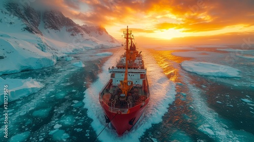 A vessel on an Arctic adventure, smoothly sailing through icy waters. Surrounded by vast ice floes, the scene conveys a sense of serenity and wonder amidst exploration.